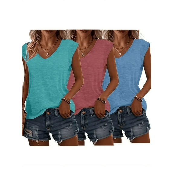 MORTTIC 3-Pack Women's Cap Sleeve V-Neck Tank Tops, Casual Loose Fit Basic Tees for Spring & Summer