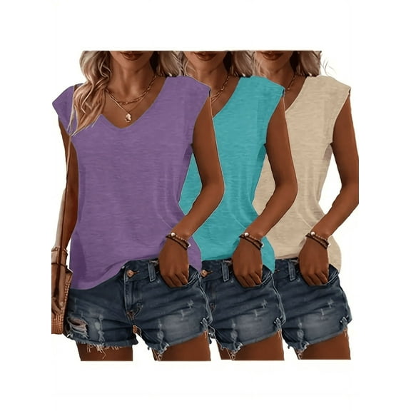 MORTTIC 3-Pack Women's Cap Sleeve V-Neck Tank Tops, Casual Loose Fit Basic Tees for Spring & Summer