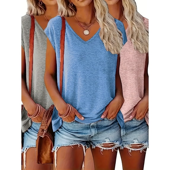 MORTTIC 3-Pack Women's Casual V-Neck T-Shirts Solid Color Short Sleeve Tee Tops for Everyday Wear