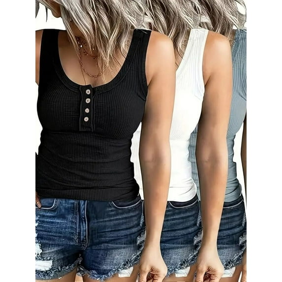 MORTTIC 3-Pack Women's Ribbed Tank Tops Casual Sleeveless Basic Cami Tops with Trendy Button Down Blouses for Summer