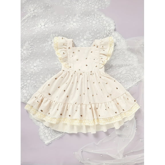 MORTTIC Adorable Baby Girl Honeybee Dress Summer Bee Themed Outfit with Double Ruffles, Sleeveless Square Neck Party Dress for 1st Birthday Parties, Bee Day, and Photoshoots