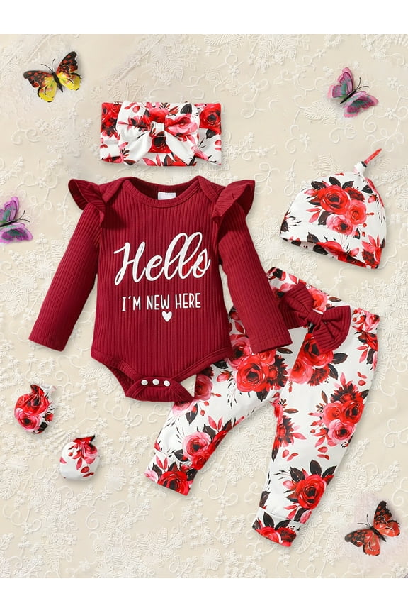 Adorable Newborn Baby Girl 'Hello I'm New Here' Romper Set Includes Floral Pants, Hat, Headband, & Coming Home Outfit Perfect for Newborn Photoshoots