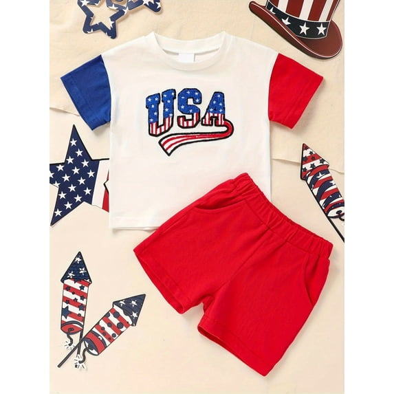 MORTTIC Baby Boy 4th of July Outfit Short Sleeve Letter Print Color Block T-Shirt and Shorts Set, Perfect for USA Independence Day Outdoor Celebration