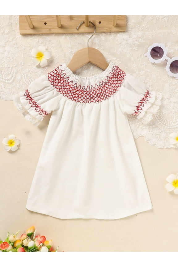 Baby Girl Vintage White Dress, Red Embroidered Floral Design & Lace Sleeves, Charming Toddler Dress for Special Occasions
