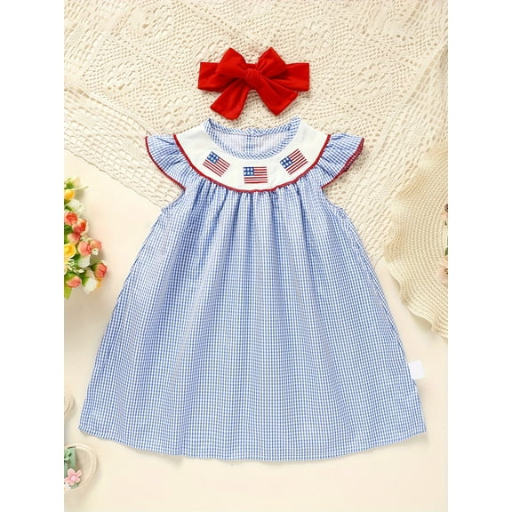 MORTTIC Baby Girl's 4th Of July Themed Dress Gingham American Flag White Blue Color Block Independence Day Dresses