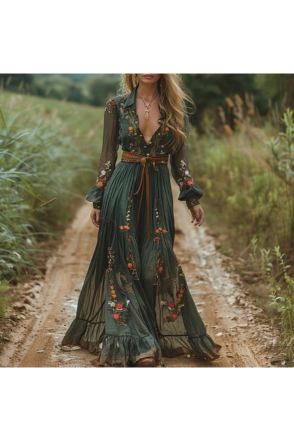 Boho Chic Women's Floral Print V-Neck Long Sleeve Maxi Dress with Ruffled Hem Flowy Peplum Design for Spring, Summer & Fall
