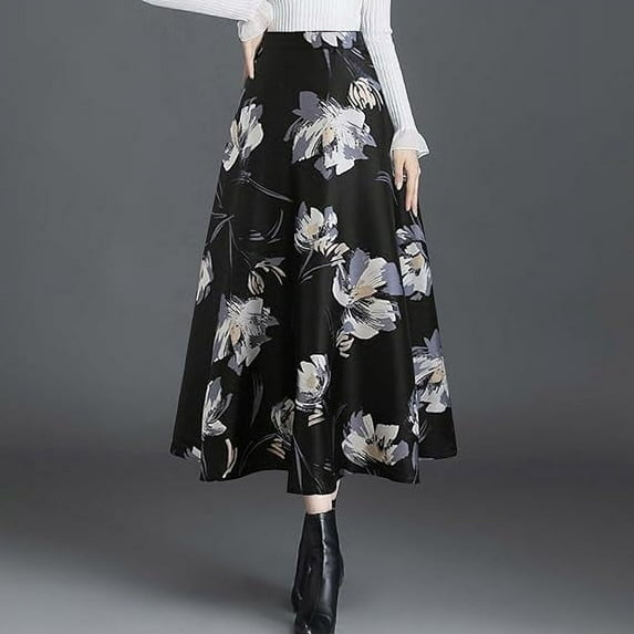 MORTTIC Elegant Women's Boho Floral Print High-Waisted A-Line Maxi Skirt Flared Long Skirt, 2XL