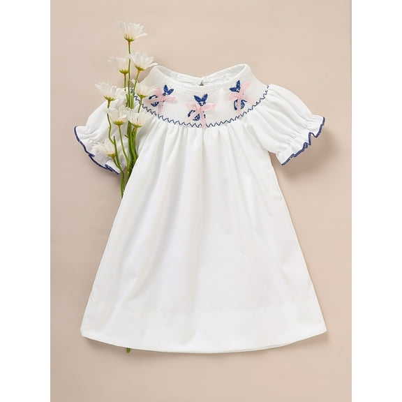 MORTTIC Girls' Easter Bunny Smocked Dress Short Sleeve Crew Neck with Cute Rabbit Embroidery, Knee-Length Spring & Summer Party Dress