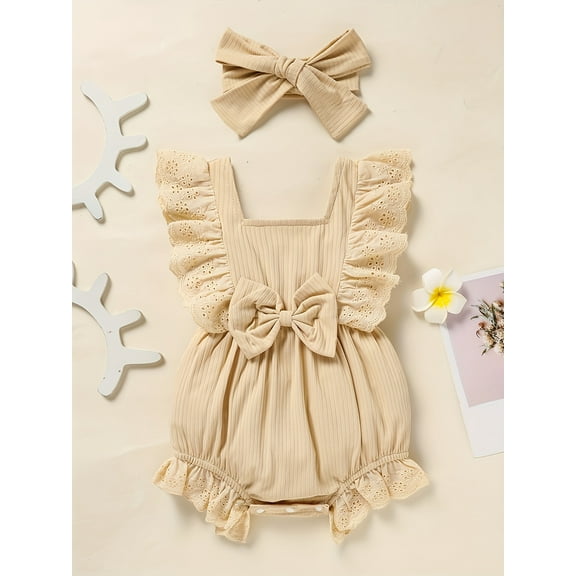 MORTTIC Infant Baby Girl Solid Color Square Neck Bow Onesie & Headband Set Cute Summertime Fashion Outfit