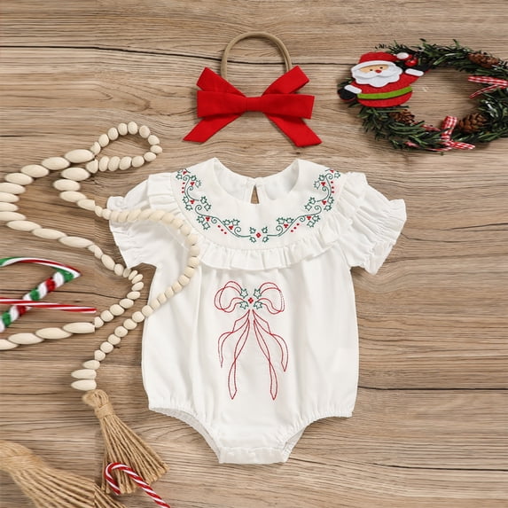 MORTTIC Infant Girls' Elegant Romper - White Ruffle & Lace Design with Bow Headband for Special Occasions White,1-3M