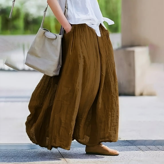MORTTIC Maxi Skirt for Women Vintage Loose Fit with Pockets Elegant & Casual Solid Color Skirt for Spring/Summer