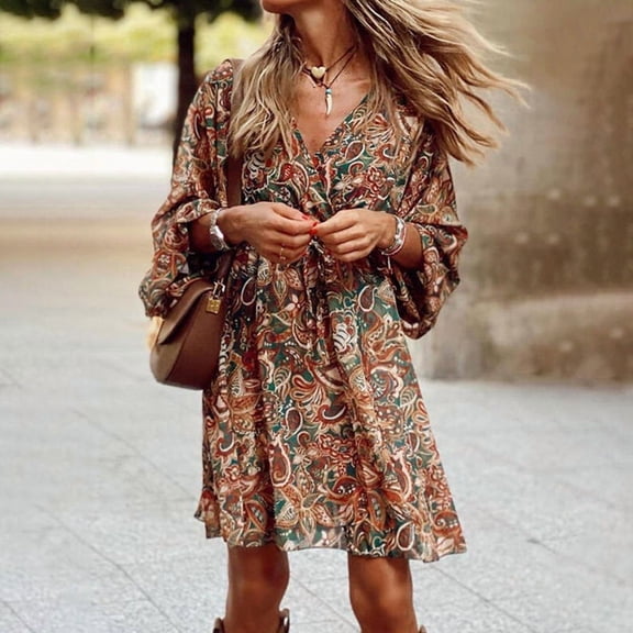 MORTTIC Plus Size Women's Floral Print Boho V-Neck Long Sleeve Midi Dress with Drawstring Waist Summer Vacation Brown，M