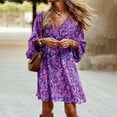 thumbnail image 1 of MORTTIC Plus Size Women's Floral Print Boho V-Neck Long Sleeve Midi Dress with Drawstring Waist Summer Vacation Purple，4XL, 1 of 7