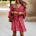 thumbnail image 1 of MORTTIC Plus Size Women's Floral Print Boho V-Neck Long Sleeve Midi Dress with Drawstring Waist Summer Vacation Red，S, 1 of 6