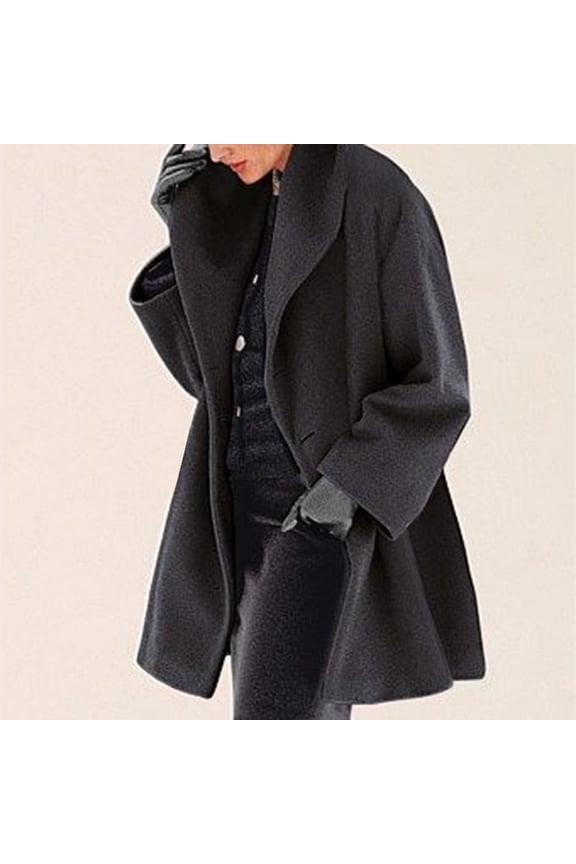 Plus Size Women's Solid Color Hooded Long Sleeve Mid-Length Fall Winter Wool Coat with Button Closure Black，2XL