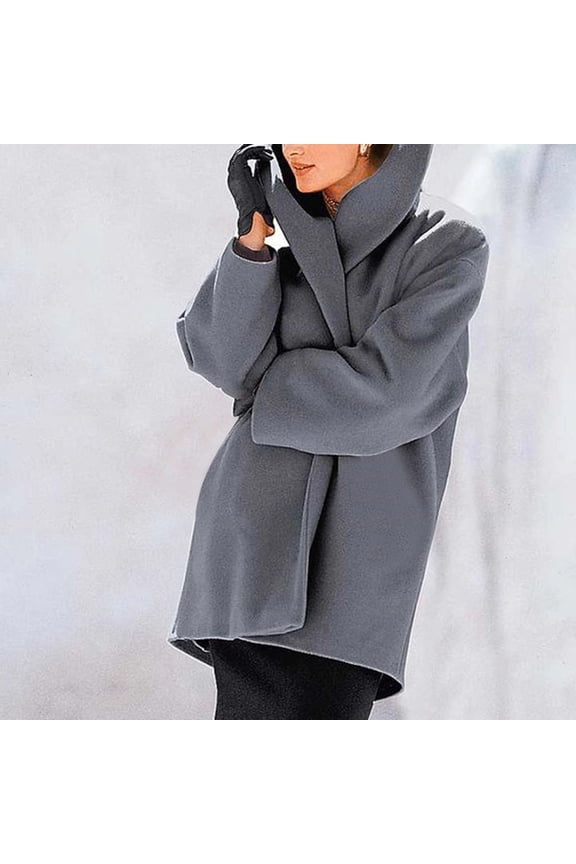 Plus Size Women's Solid Color Hooded Long Sleeve Mid-Length Fall Winter Wool Coat with Button Closure Gray，S