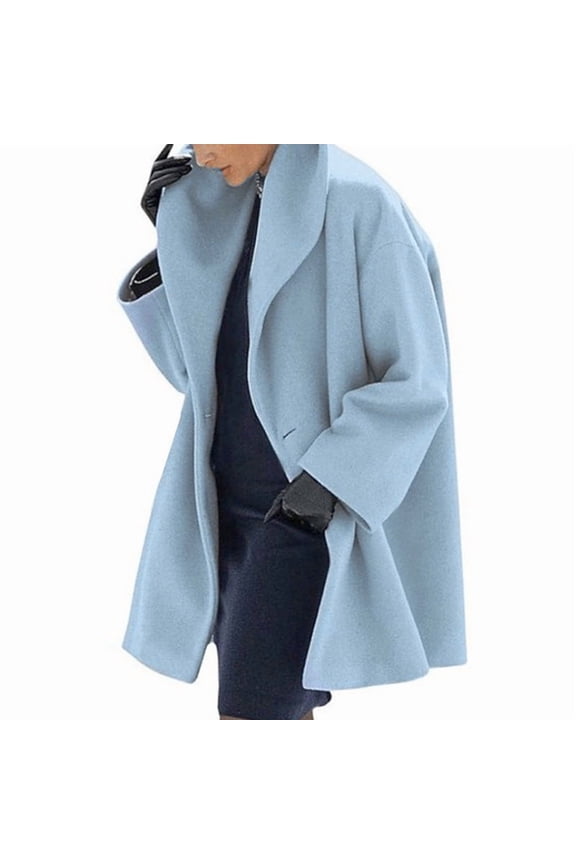 Plus Size Women's Solid Color Hooded Long Sleeve Mid-Length Fall Winter Wool Coat with Button Closure Sky Blue,3XL