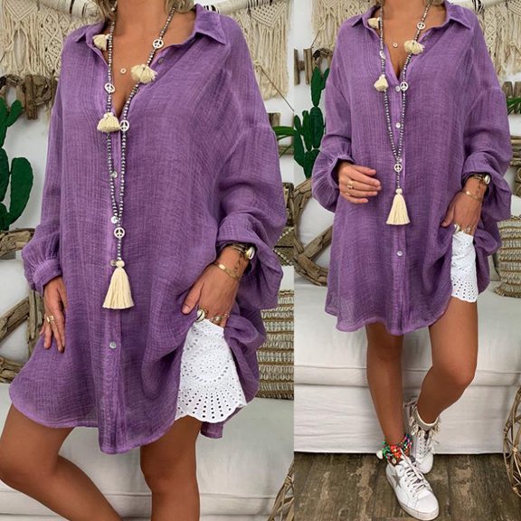 MORTTIC Plus Size Women's Solid Color Lapel Long Sleeve Dress with Button Front Summer Casual Midi Dress Purple，2XL