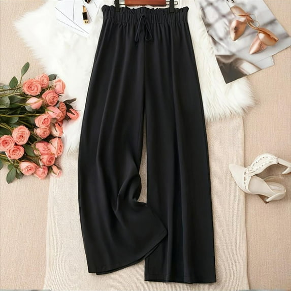 MORTTIC Plus Size Women's Solid Color Wide Leg Pants - Elastic Drawstring Waist Flowy for Spring/Summer Black，5XL