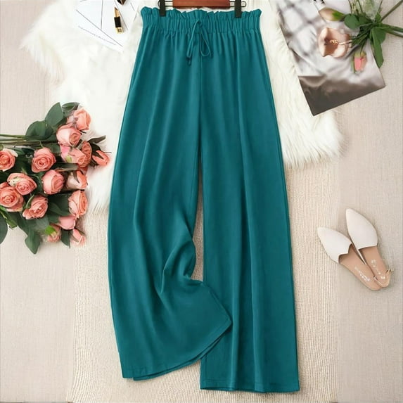 MORTTIC Plus Size Women's Solid Color Wide Leg Pants - Elastic Drawstring Waist Flowy for Spring/Summer Dark cyan，4XL