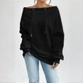 thumbnail image 1 of MORTTIC Plus Size Women's Solid Off-Shoulder Drawstring & Ribbed Detail Long Sleeve Spring Fall Fashion Top Black，2XL, 1 of 4