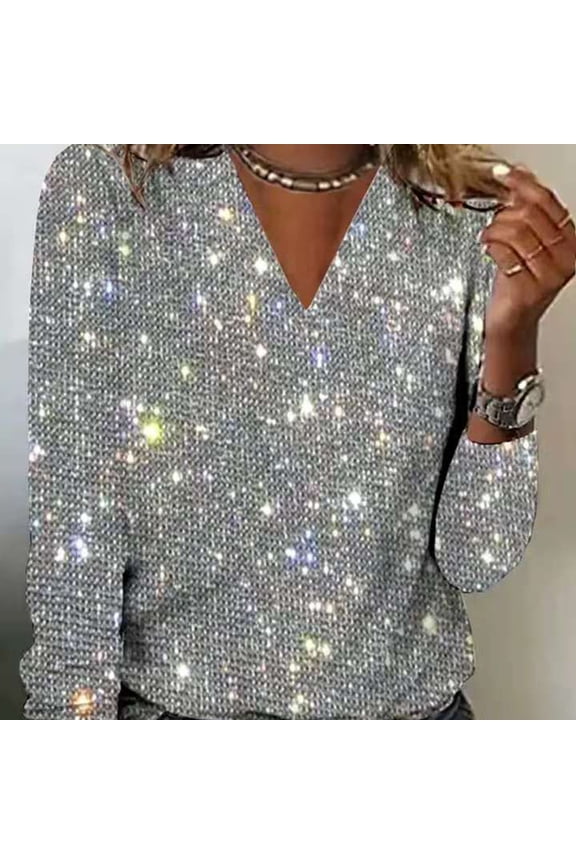 Plus Size Women's V-Neck Long Sleeve Top Office Elegant Solid Color Sequined Pullover For Spring Fall Silver Gray,M