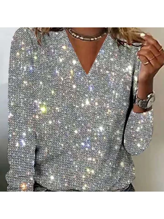 Plus Size Women's V-Neck Long Sleeve Top Office Elegant Solid Color Sequined Pullover For Spring Fall Silver Gray,XL