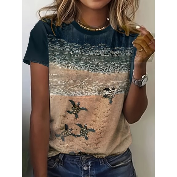 MORTTIC Summer Women's Sea Turtle Graphic T-Shirt Shorts Sleeve Casual Beach Funny Tee with Hawaii-Inspired Turtle Design