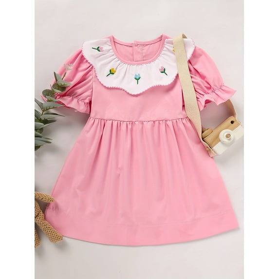 MORTTIC Toddler Baby Girl Spring Tulip Smocked Dress Short Sleeve Pink Dress with Lovely Tulip Embroidery Princess Dresses