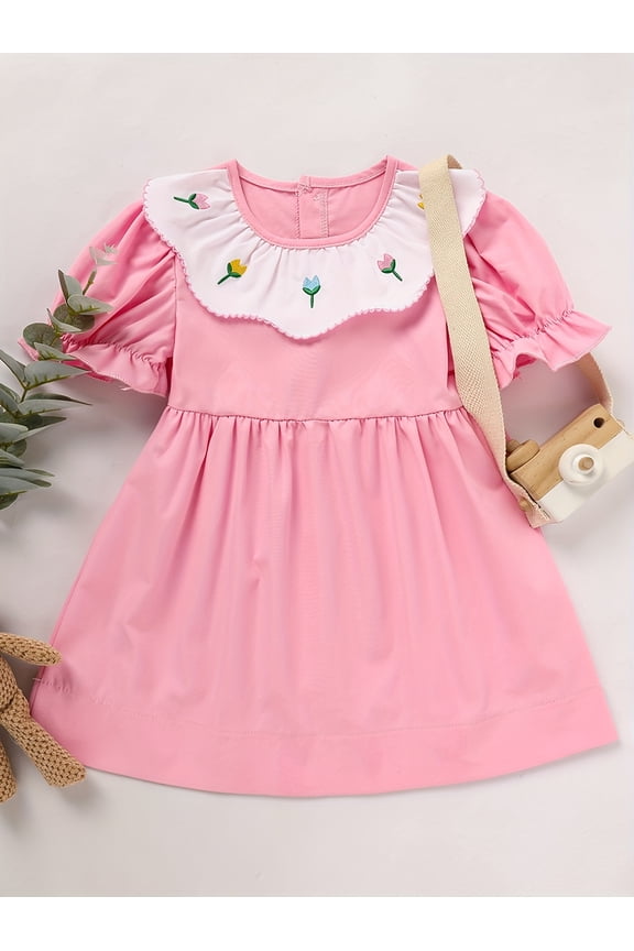 Toddler Baby Girl Spring Tulip Smocked Dress Short Sleeve Pink Dress with Lovely Tulip Embroidery Princess Dresses