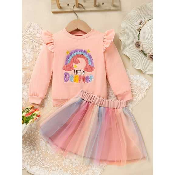 MORTTIC Toddler Baby Girls Skirt Set "Little Deamer" Letters Embroidery Long Sleeve Sweatshirt Tops   Rainbow Tutu Skirt Outfits