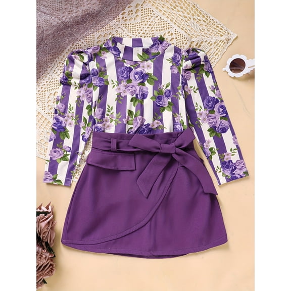 MORTTIC Toddler Girl Purple Rose Print Girls Outfit, Halter Neck Stripe Top With Belt Skirts Set Holiday Going Out 2PCS Spring Fall Clothes