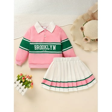 MORTTIC Toddler Girls 2 Piece Outfit Colorblock Letter Graphic Collared Sweatshirt And Pleated Skirt Set