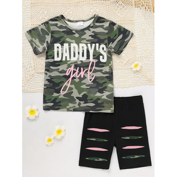 MORTTIC Toddler Kids Girl's Father's Day Summer Outfit Short Sleeve "Daddy's Girl" Letter Print Top & Pants Set