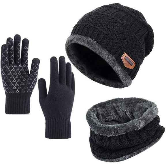 MORTTIC Unisex Warm Thick Knit Hat, Scarf & Glove Set, Black, 3 Pack