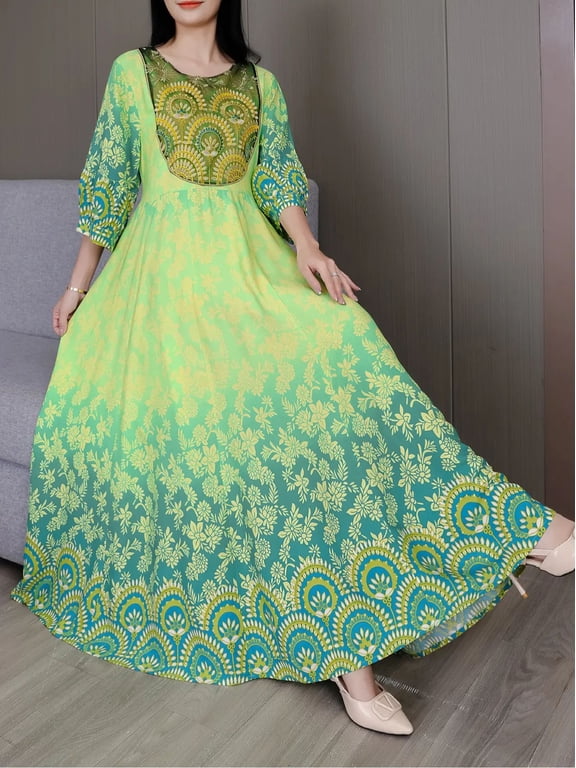 Vibrant Bohemian Embroidered Maxi Dress Retro Ethnic A-Line Swing Dress with Belt 3/4 Sleeve Crew Neck Green & Yellow Geometric Pattern Sundress