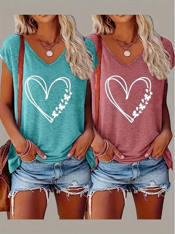Women's 2-Pack Graphic Tees, Funny Print Short Sleeve Casual Summer Tops, L
