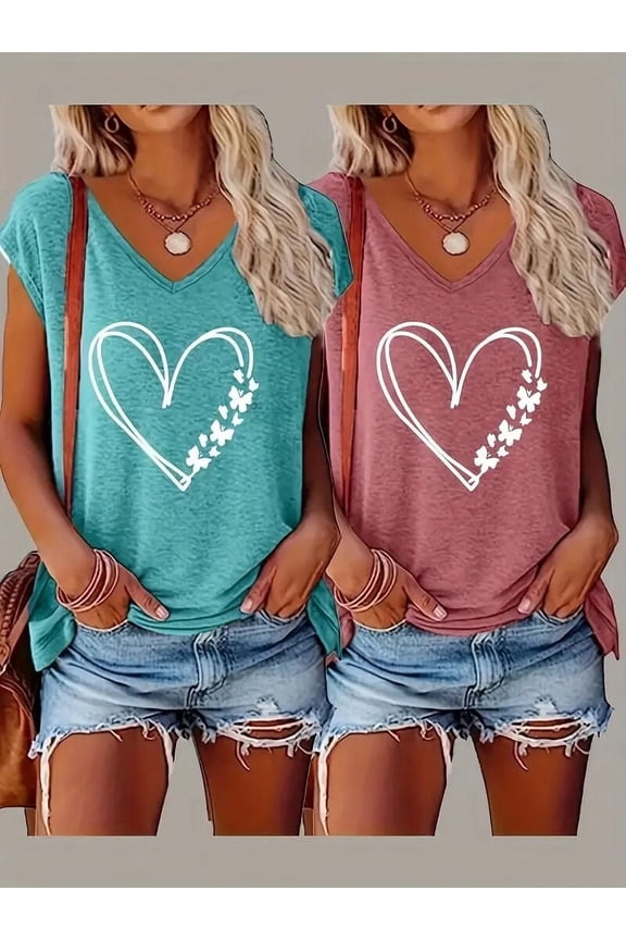 Women's 2-Pack Graphic Tees, Funny Print Short Sleeve Casual Summer Tops, M