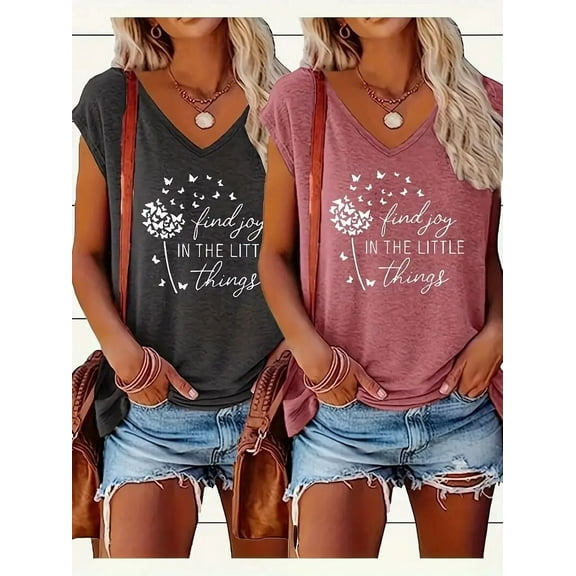 MORTTIC Women's 2-Pack Graphic Tees, Funny Print Short Sleeve Casual Summer Tops, S