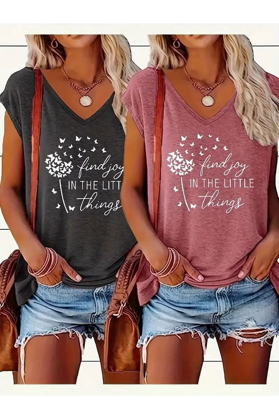 Women's 2-Pack Graphic Tees, Funny Print Short Sleeve Casual Summer Tops, XXL