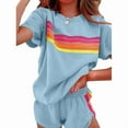 thumbnail image 1 of MORTTIC Women's 2-Piece Color Block Short Sleeve Set - Round Neck Top & Shorts Casual Summer Wear Blue，M, 1 of 6