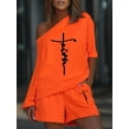 thumbnail image 1 of MORTTIC Women's 2-Piece Faith Print Set, Off Shoulder T-Shirt and Elastic Waist Shorts, Casual Summer Outfit, 1 of 4