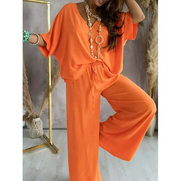 MORTTIC Women's 2 Piece Outfit, Casual Solid Color V-Neck Half Sleeve Top and Wide Leg Pants Lounge Set