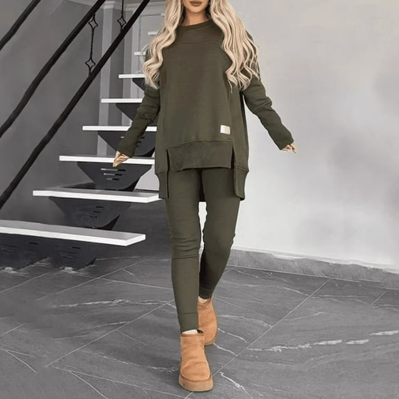 MORTTIC Women's 2-Piece Set Crew Neck Long Sleeve Top with Side Slits and Slim Pants Solid Color Casual Outfit Army Green,XXL