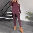 thumbnail image 1 of MORTTIC Women's 2-Piece Set Crew Neck Long Sleeve Top with Side Slits and Slim Pants Solid Color Casual Outfit Red Brown，L, 1 of 10