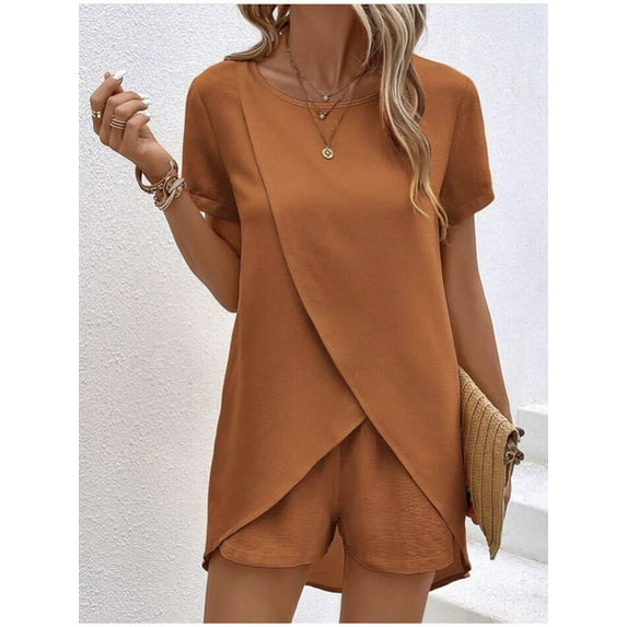 MORTTIC Women's 2-Piece Summer Lounge Set, Casual Short Sleeve Top and Shorts Matching Outfit, L