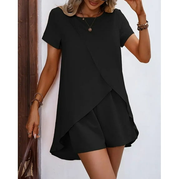MORTTIC Women's 2-Piece Summer Lounge Set, Casual Short Sleeve Top and Shorts Matching Outfit, S