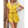 thumbnail image 1 of MORTTIC Women's 2-Piece Summer Lounge Set, Textured Short Sleeve Button-Down Shirt and Matching Shorts Outfit, L, 1 of 6