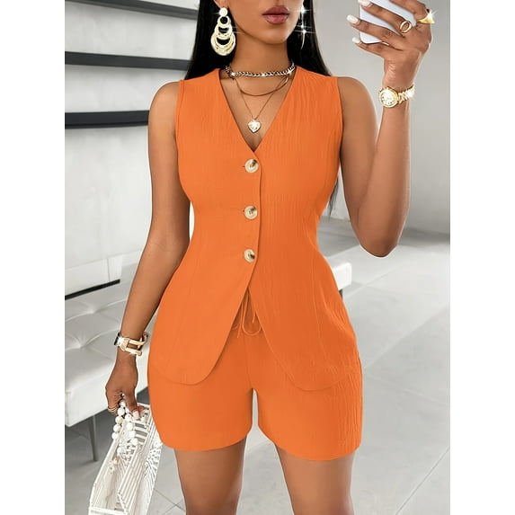 MORTTIC Women's 2 Piece Summer Outfit – Sleeveless V-Neck Button Down Vest and Shorts Set, Business Casual Matching Suit, 2XL