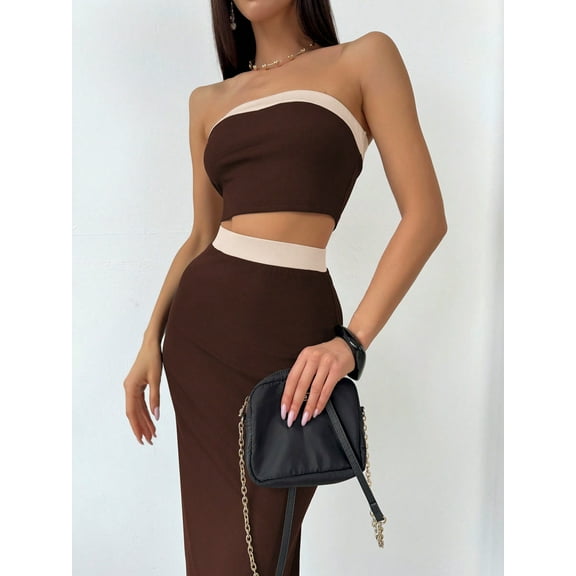 MORTTIC Women's 2-Piece Summer Outfit Strapless Crop Top and High Slit Maxi Skirt Set for Vacation & Party, L